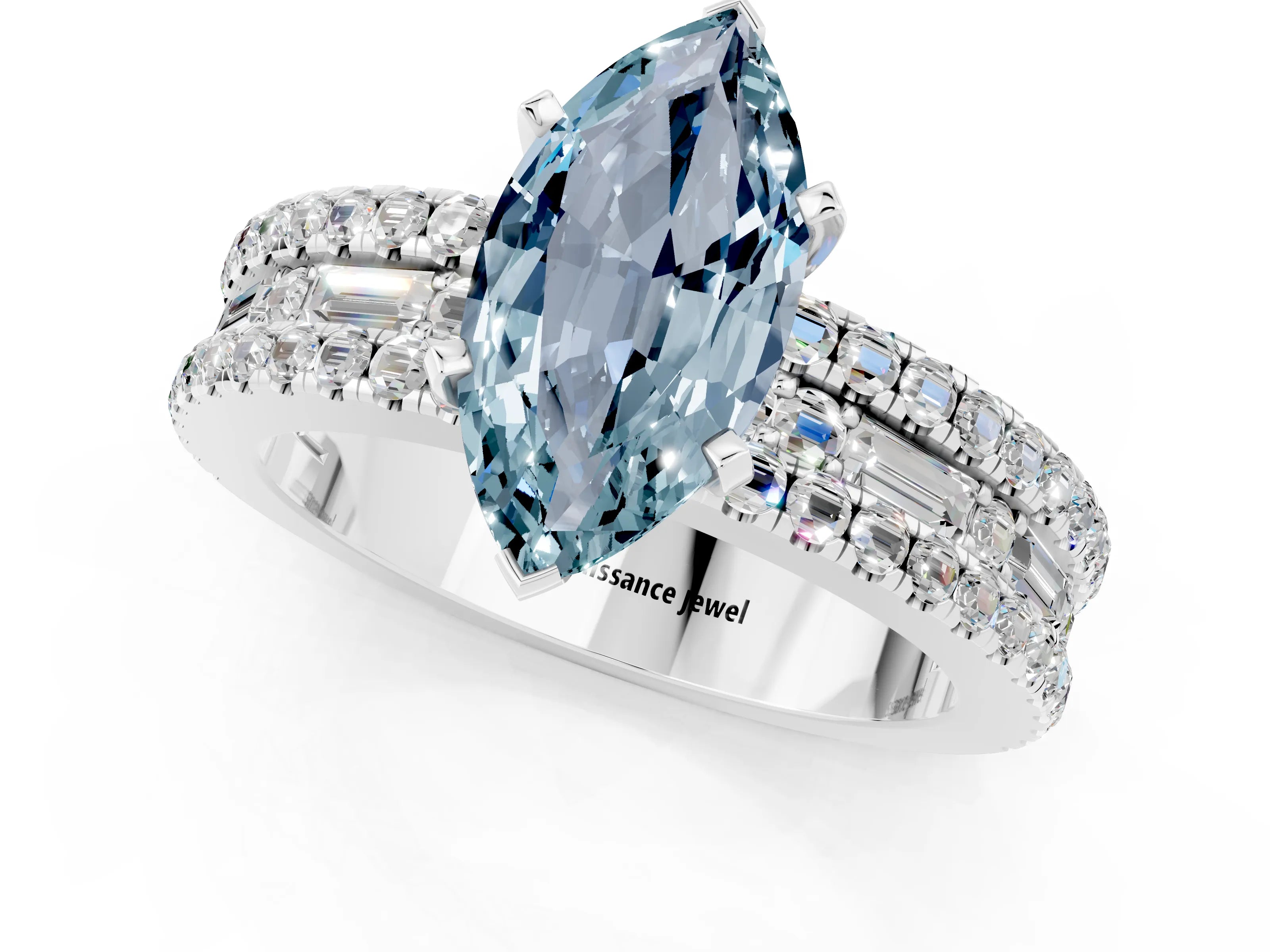 White gold Marquise Cut Aquamarine Solitaire Ring with Pavé and Channel Set Band_1