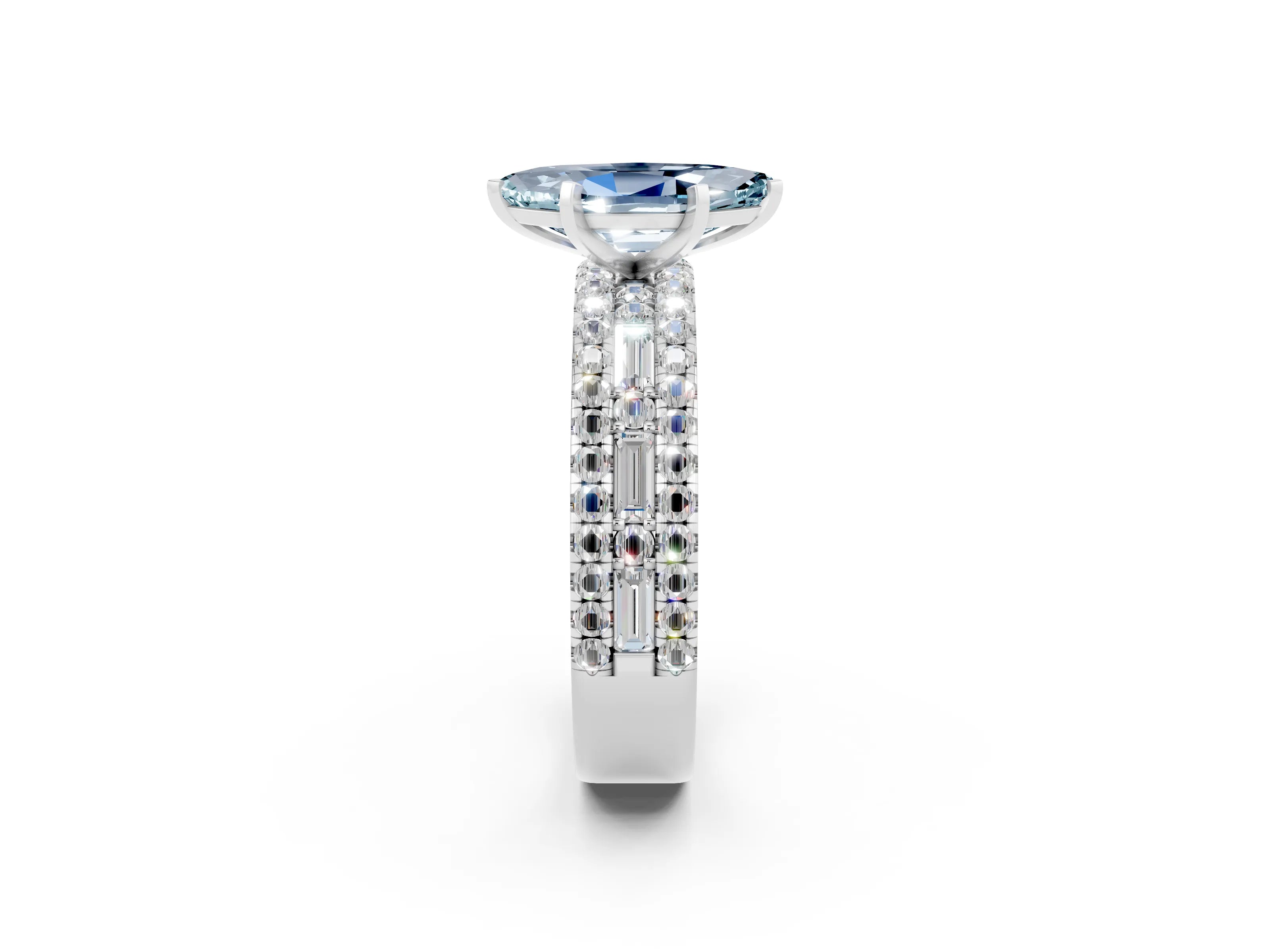 White gold Marquise Cut Aquamarine Solitaire Ring with Pavé and Channel Set Band_2
