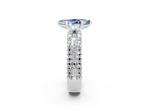 Platinum Marquise Cut Aquamarine Solitaire Ring with Pavé and Channel Set Band