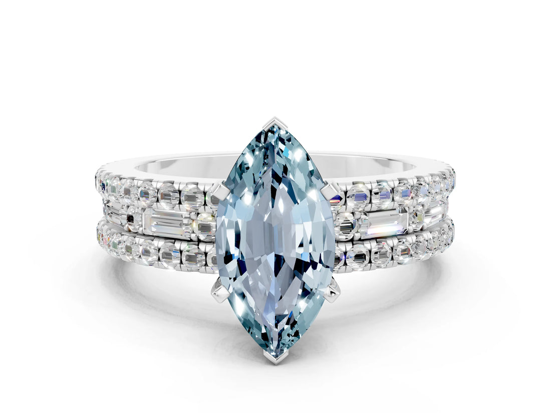 White gold Marquise Cut Aquamarine Solitaire Ring with Pavé and Channel Set Band