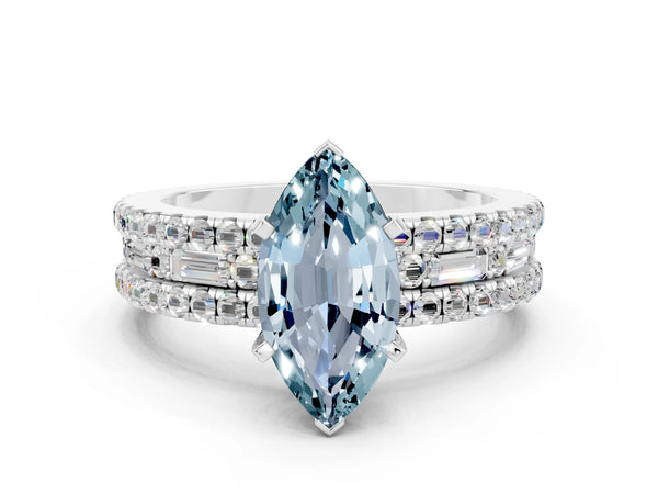 Silver Marquise Cut Aquamarine Solitaire Ring with Pavé and Channel Set Band
