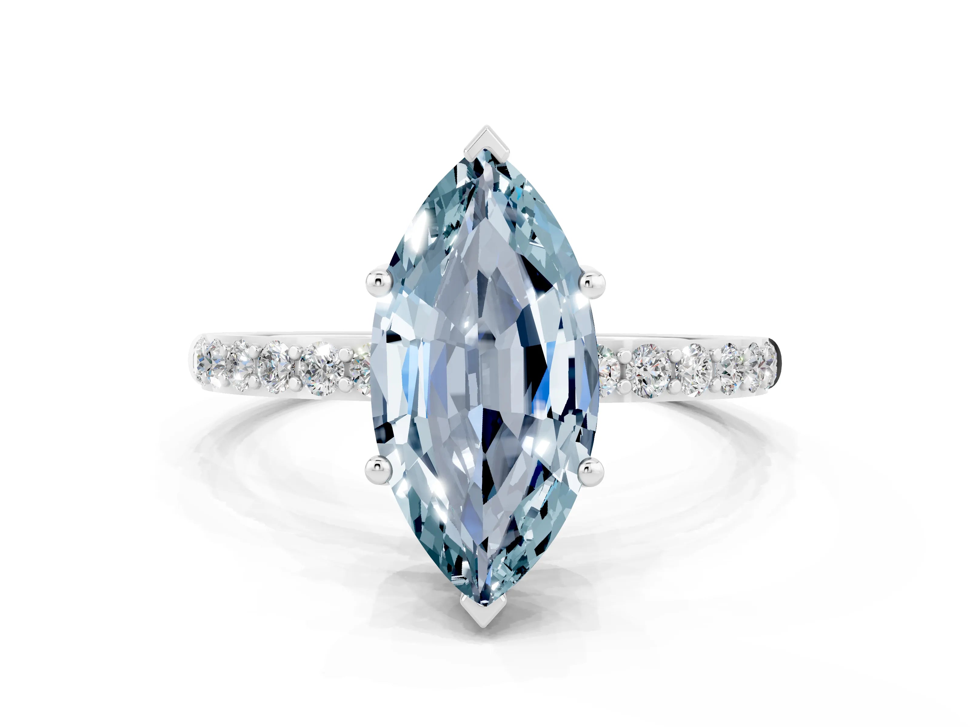White gold Marquise Cut Aquamarine Solitaire Ring with Pave Band and Four Prong Setting_24