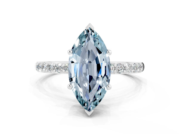 Silver Marquise Cut Aquamarine Solitaire Ring with Round  Pavé Band and Prong Setting