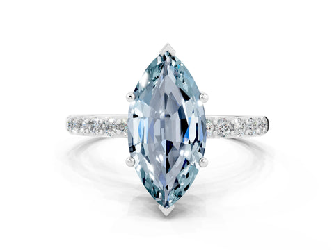 White gold Marquise Cut Aquamarine Solitaire Ring with Pave Band and Four Prong Setting_24