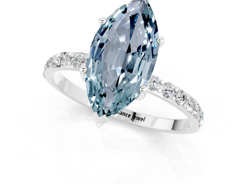 White gold Marquise Cut Aquamarine Solitaire Ring with Pave Band and Four Prong Setting_25