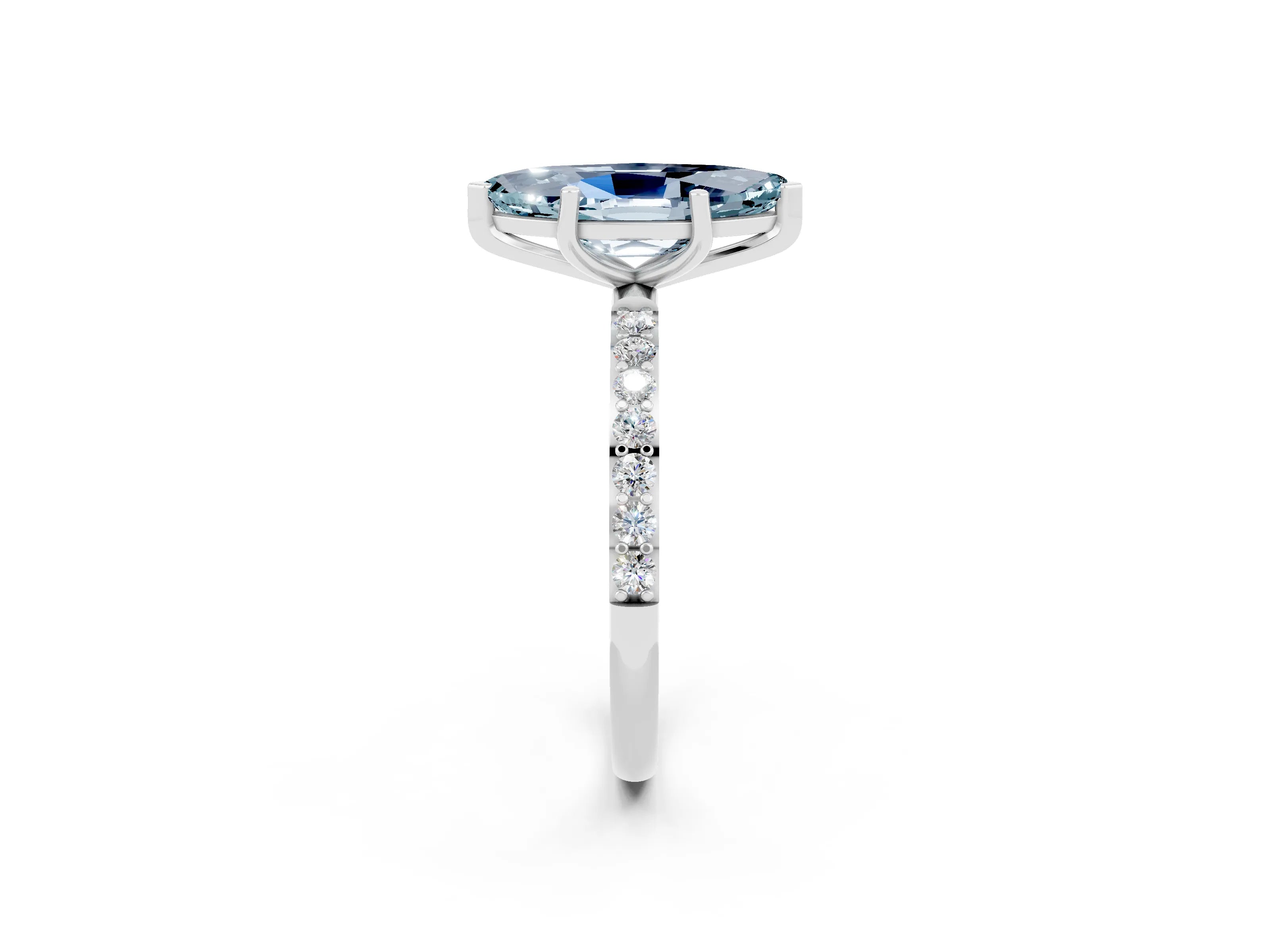 White gold Marquise Cut Aquamarine Solitaire Ring with Pave Band and Four Prong Setting_26