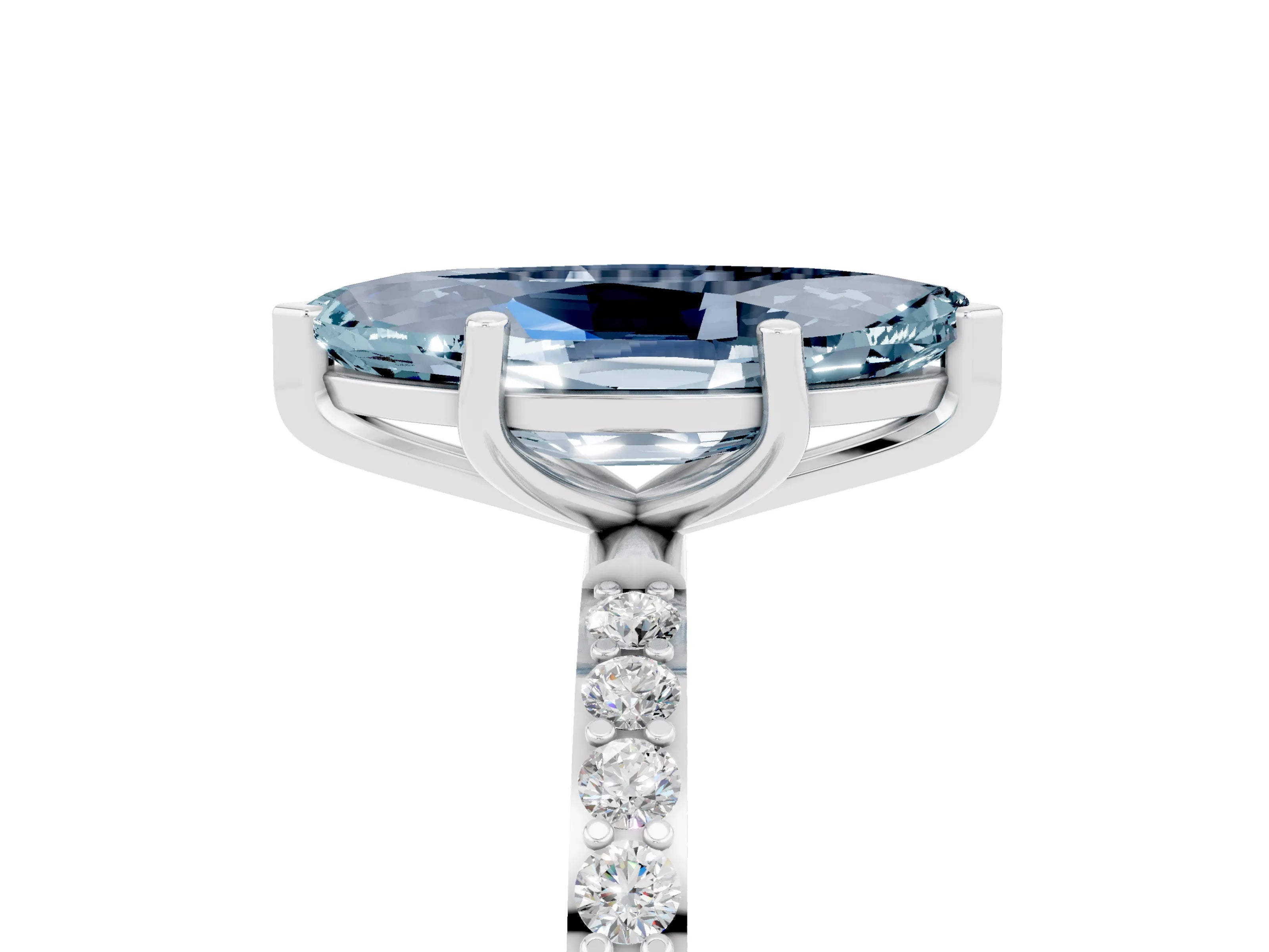 White gold Marquise Cut Aquamarine Solitaire Ring with Pave Band and Four Prong Setting_29