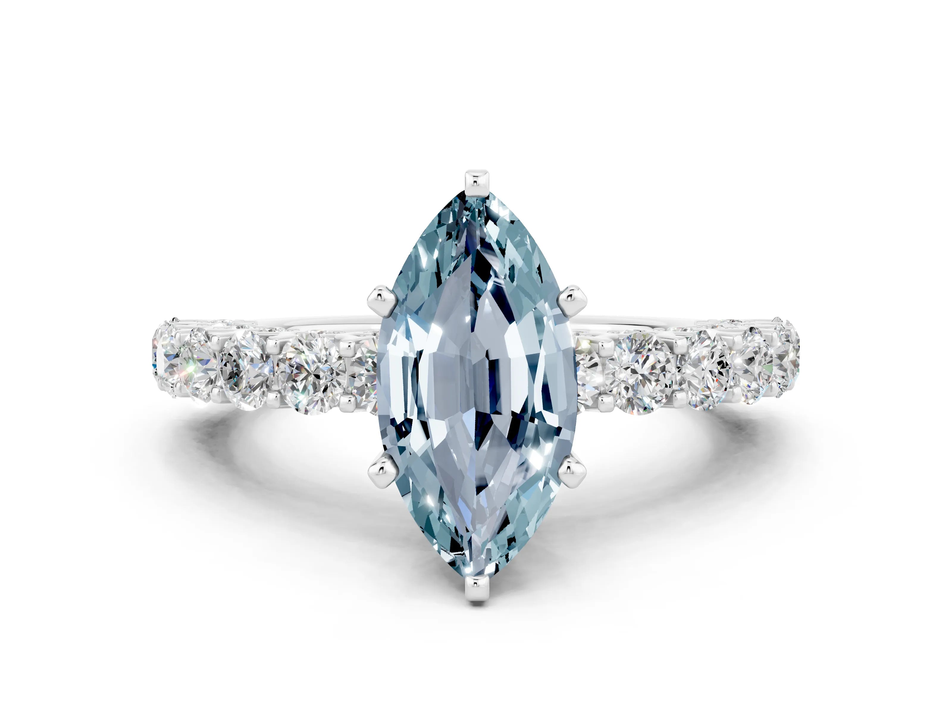 White gold Marquise Cut Aquamarine Solitaire Ring with Shared Prong Pavé Band and Four-Prong Setting