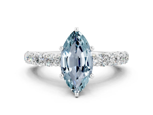 Silver Marquise Cut Aquamarine Solitaire Ring with Shared Prong Pavé Band and Four-Prong Setting