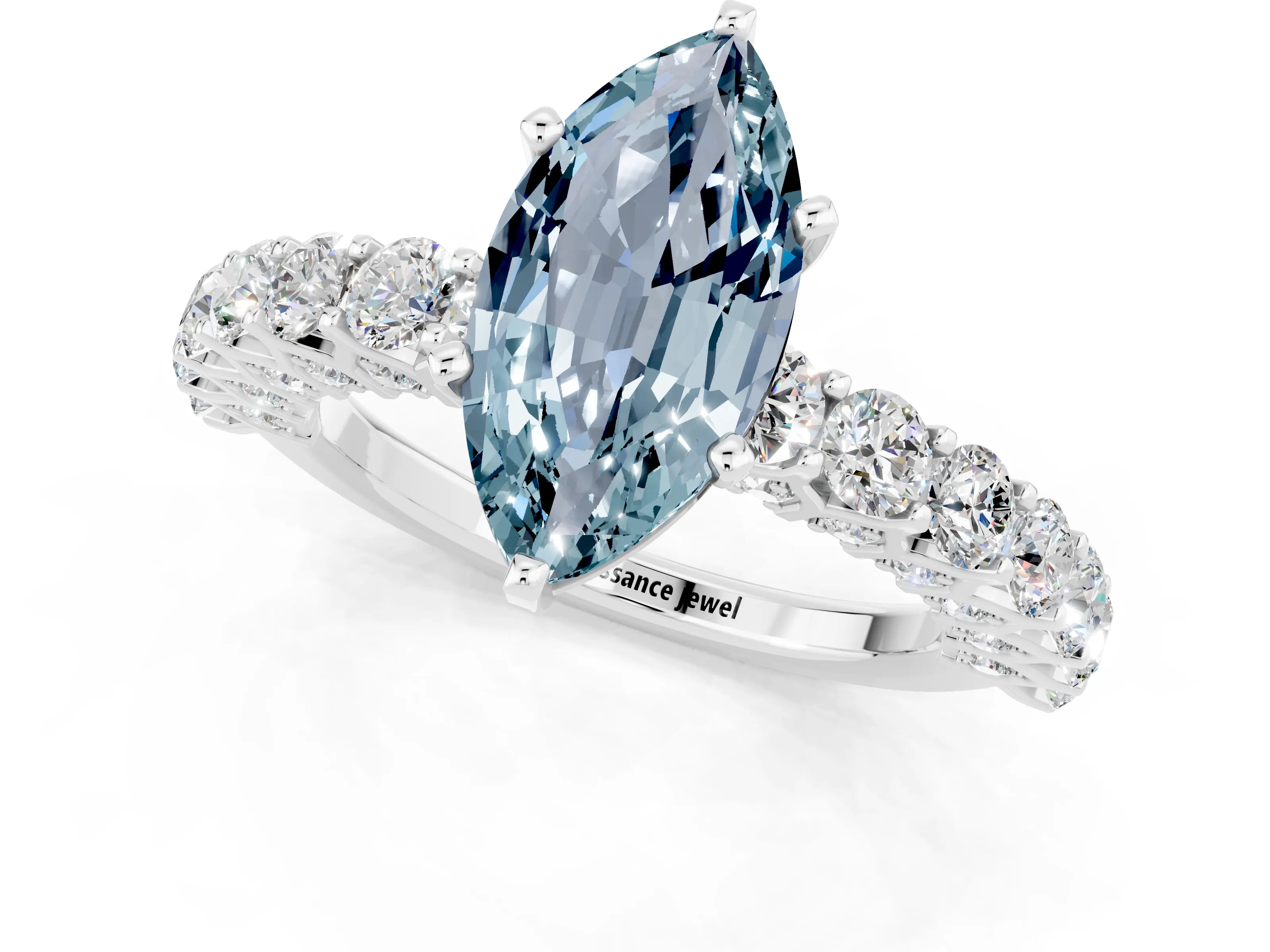 White gold Marquise Cut Aquamarine Solitaire Ring with Shared Prong Pavé Band and Four-Prong Setting_1