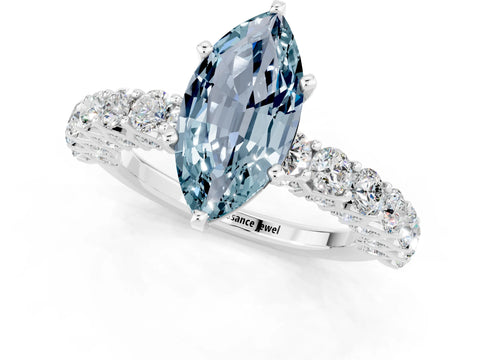 White gold Marquise Cut Aquamarine Solitaire Ring with Shared Prong Pavé Band and Four-Prong Setting_1