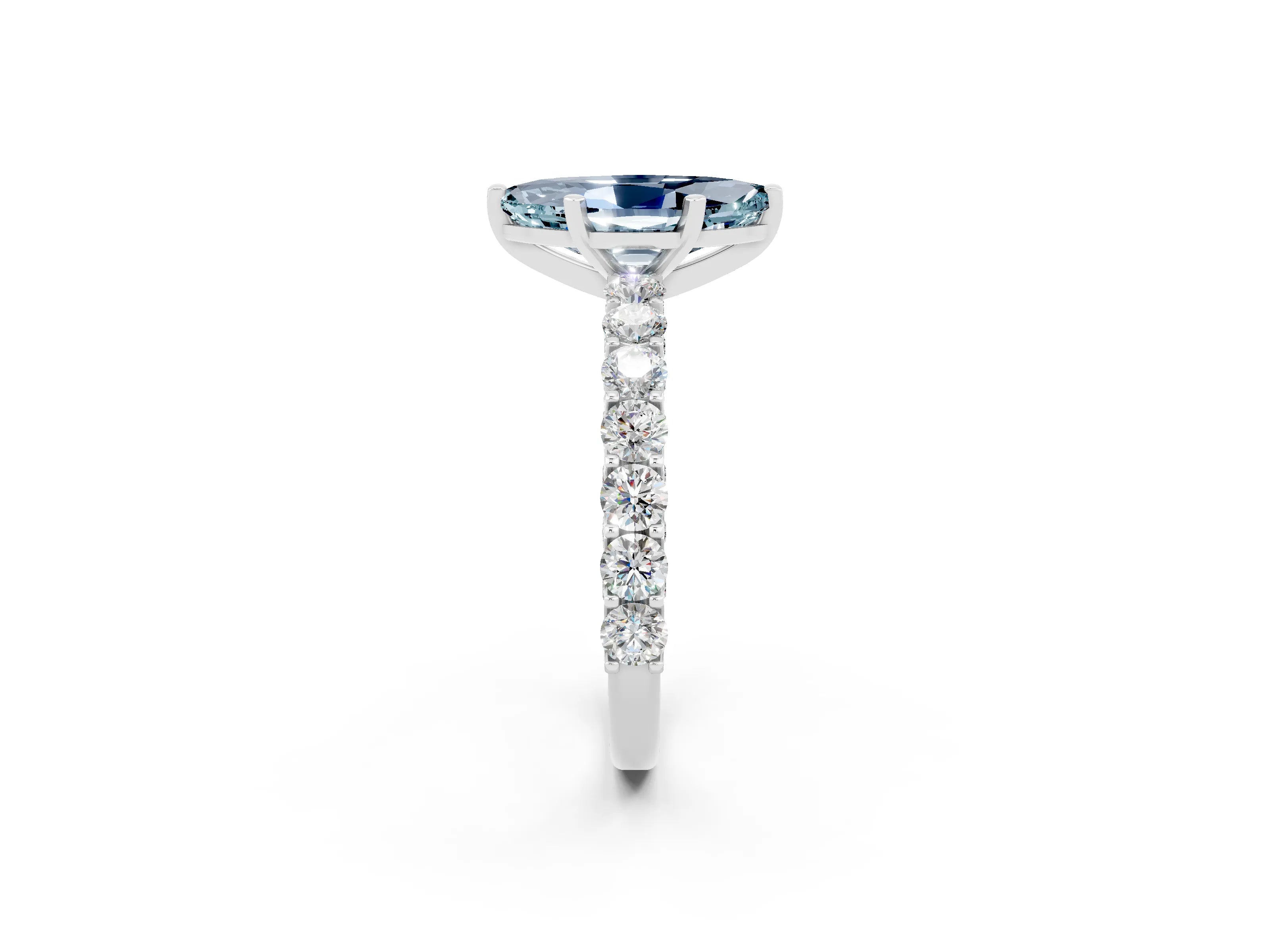 White gold Marquise Cut Aquamarine Solitaire Ring with Shared Prong Pavé Band and Four-Prong Setting_2
