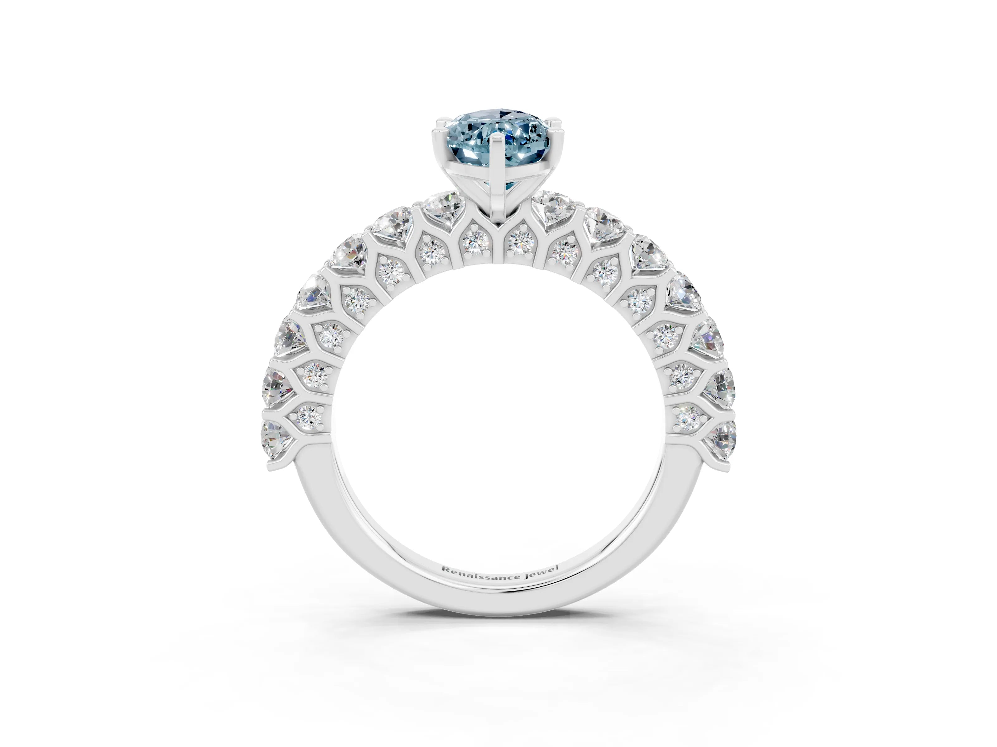 White gold Marquise Cut Aquamarine Solitaire Ring with Shared Prong Pavé Band and Four-Prong Setting_3