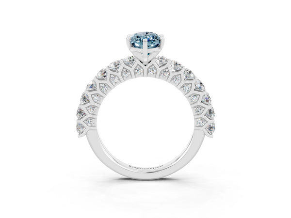White gold Marquise Cut Aquamarine Solitaire Ring with Shared Prong Pavé Band and Four-Prong Setting
