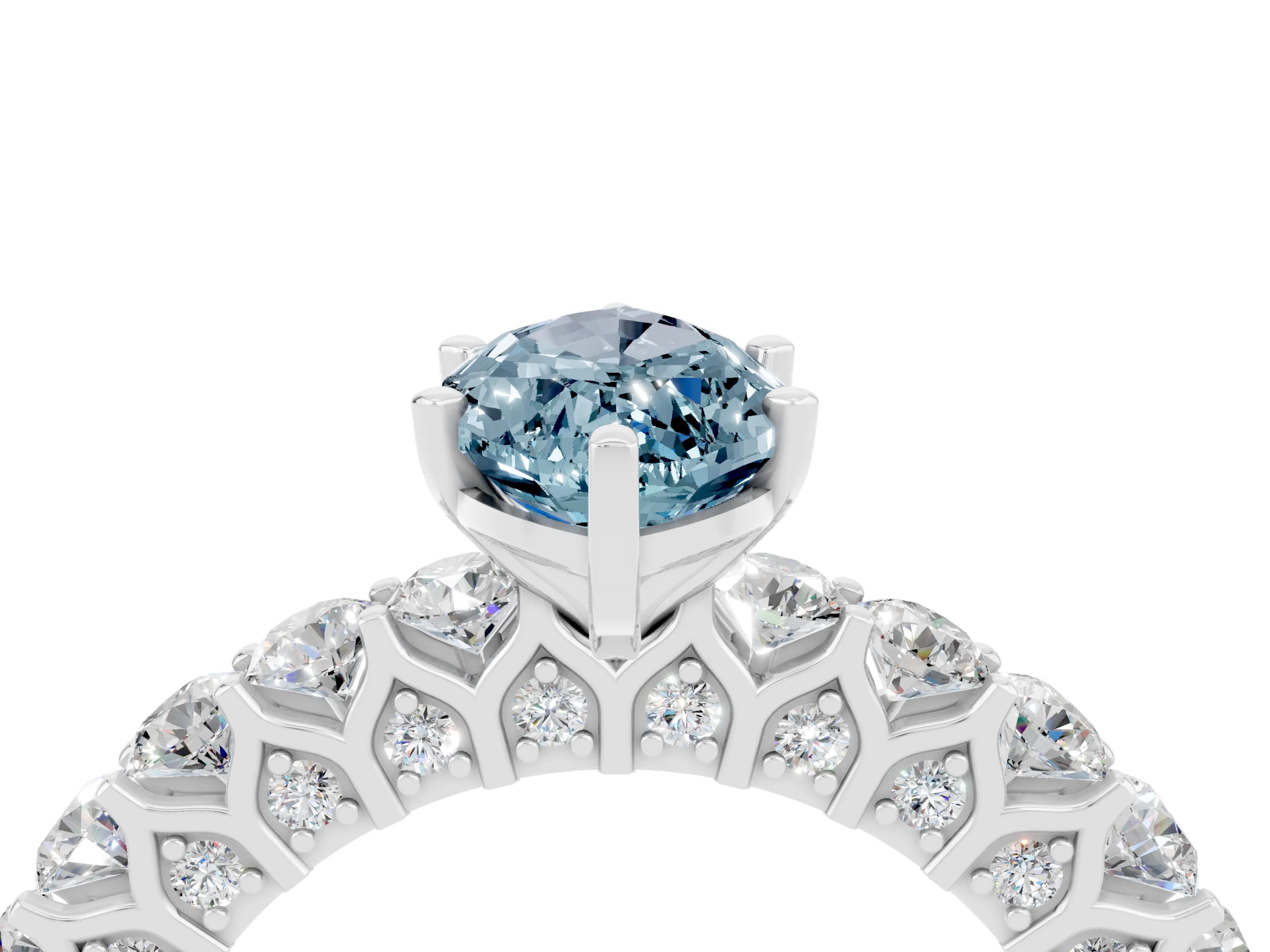 White gold Marquise Cut Aquamarine Solitaire Ring with Shared Prong Pavé Band and Four-Prong Setting_4