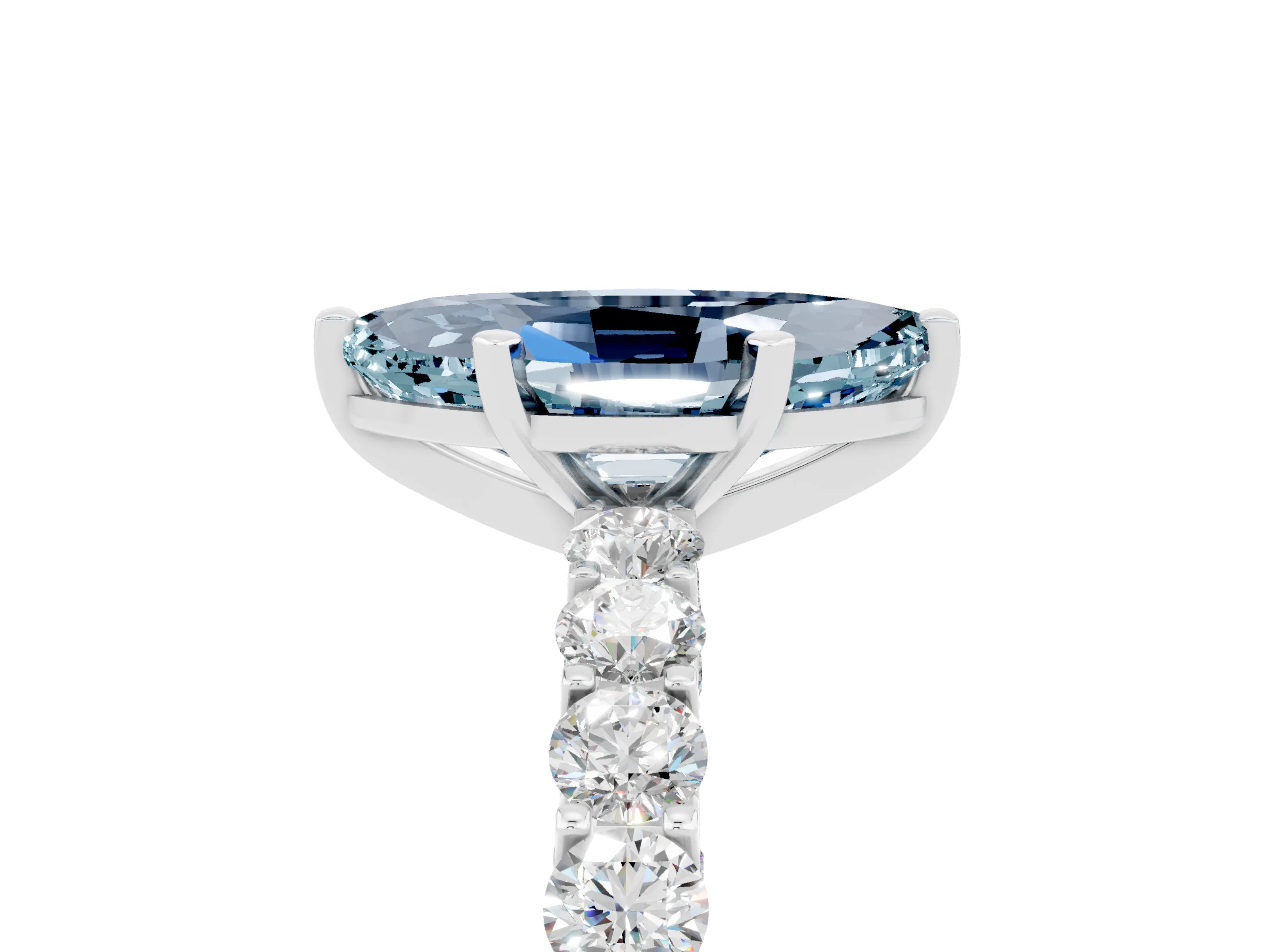 White gold Marquise Cut Aquamarine Solitaire Ring with Shared Prong Pavé Band and Four-Prong Setting_5