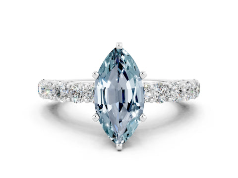 White gold Marquise Cut Aquamarine Solitaire Ring with Shared Prong Pavé Band and Four-Prong Setting