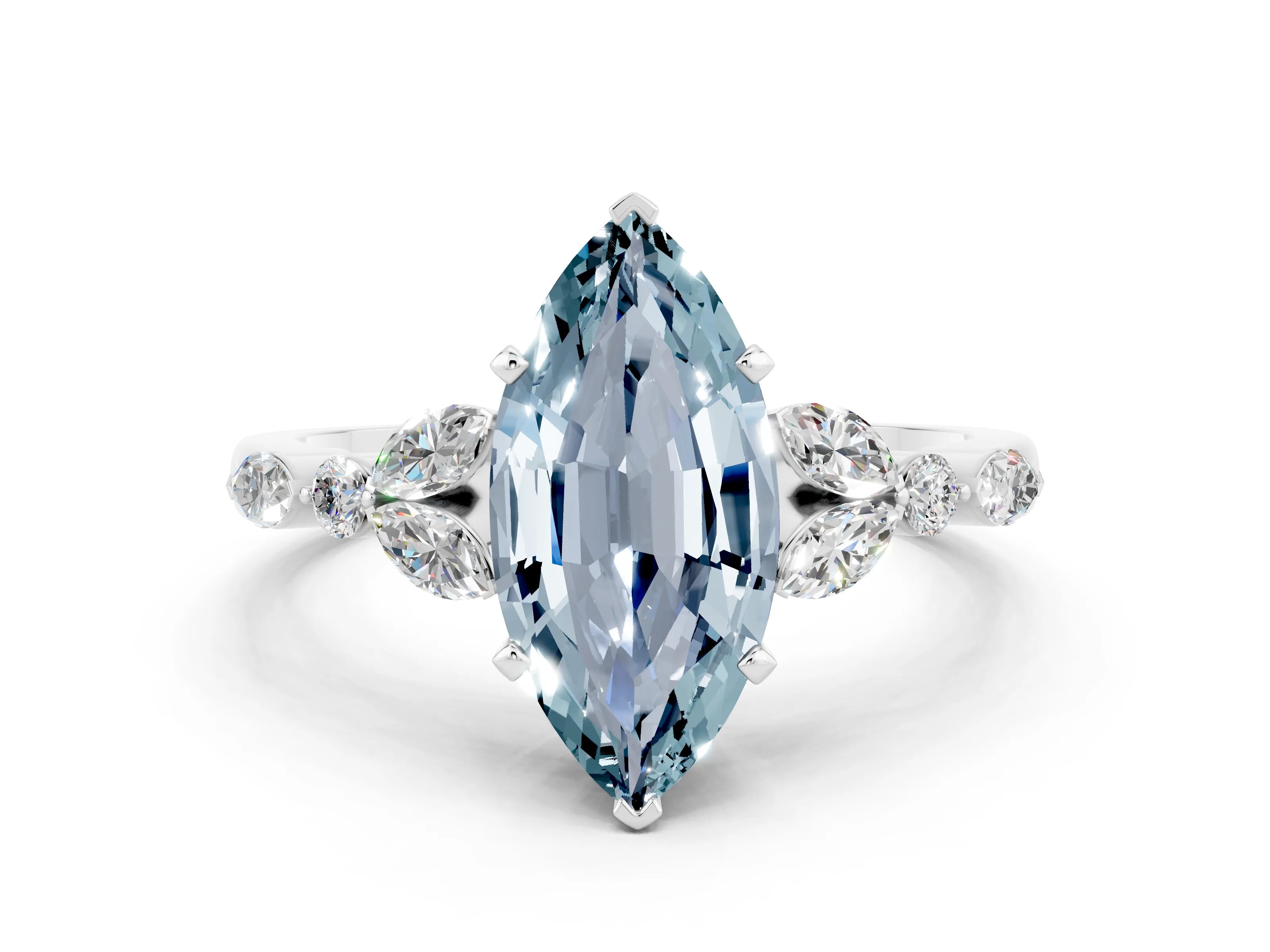 White gold Marquise Cut Aquamarine Solitaire Ring with Side Stones and Four-Prong Setting_32