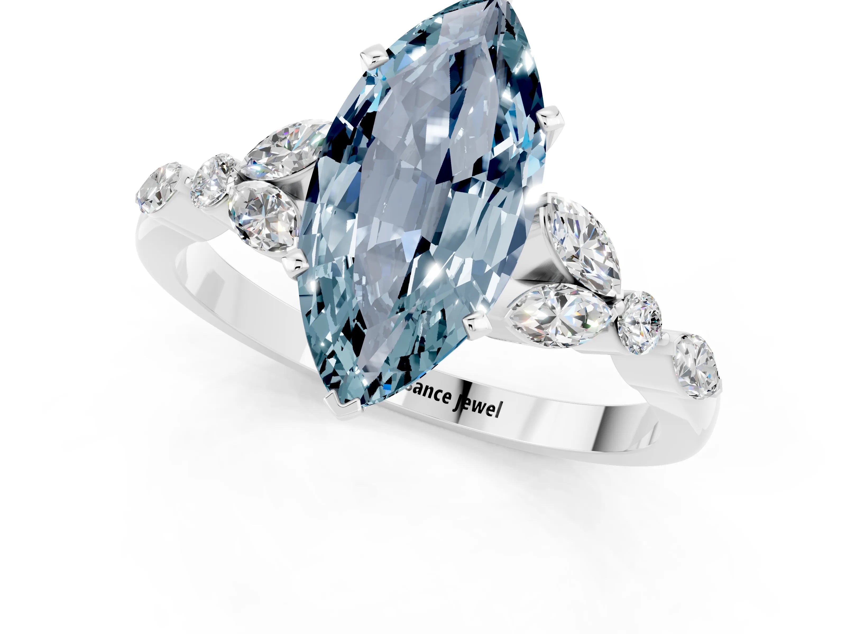 White gold Marquise Cut Aquamarine Solitaire Ring with Side Stones and Four-Prong Setting_33