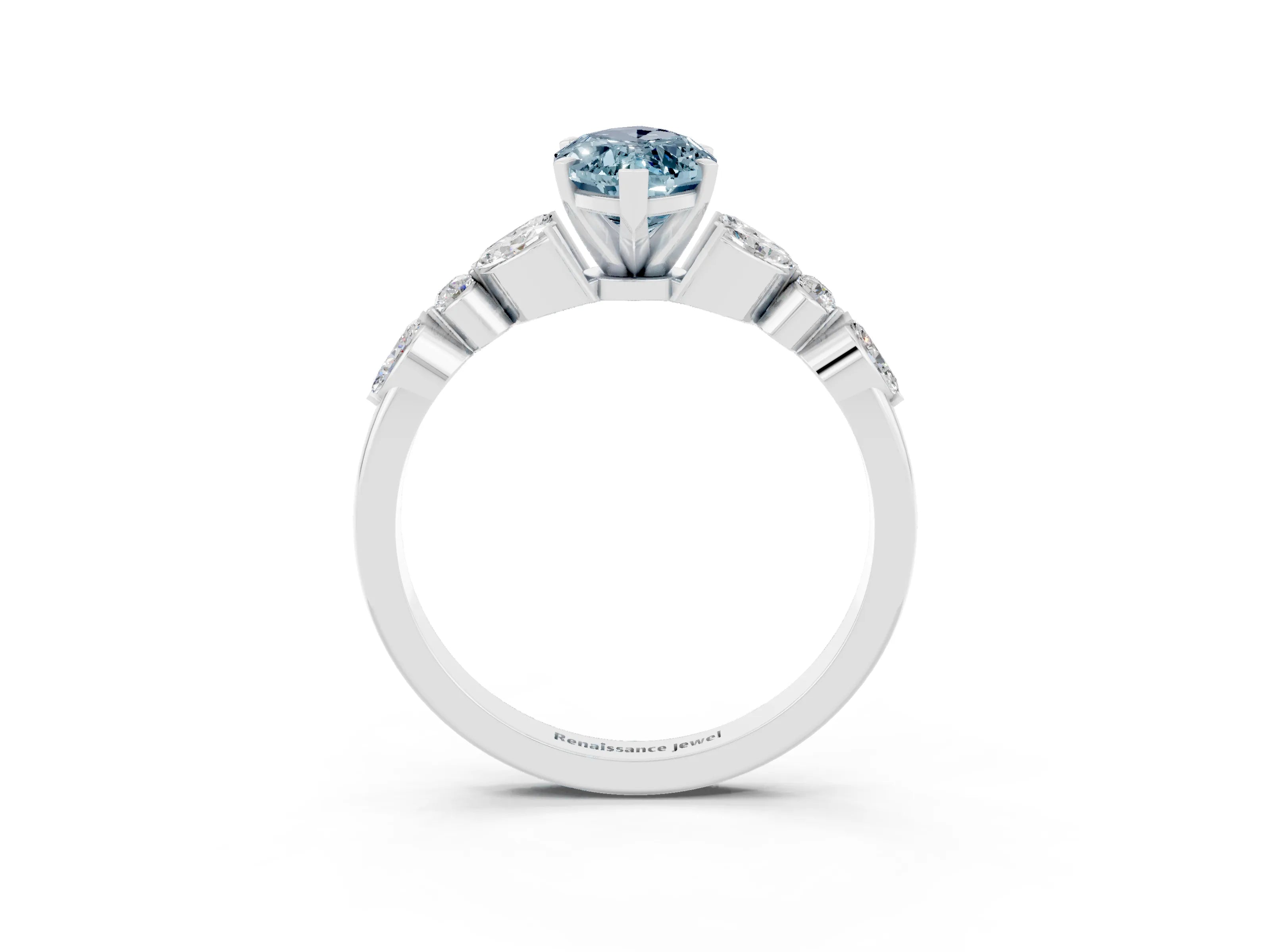 White gold Marquise Cut Aquamarine Solitaire Ring with Side Stones and Four-Prong Setting_35