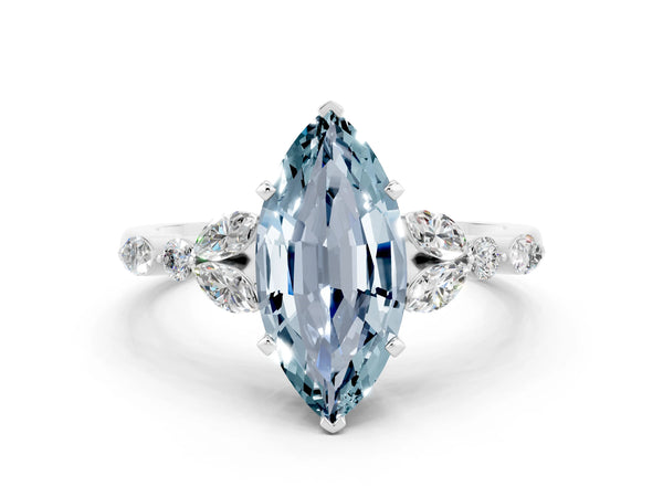 Platinum Marquise Cut Aquamarine Solitaire Ring with Side Stones and Four-Prong Setting