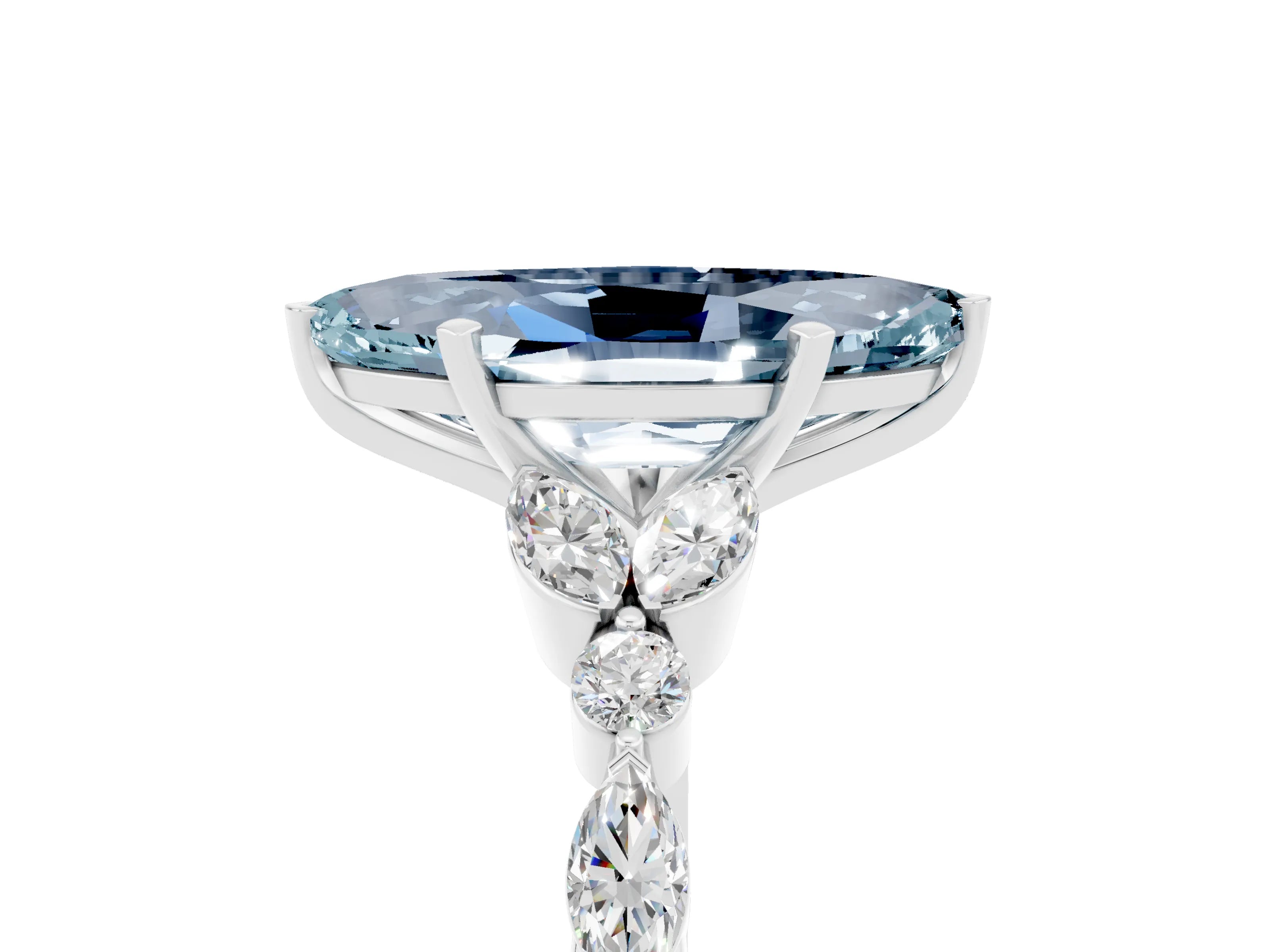 White gold Marquise Cut Aquamarine Solitaire Ring with Side Stones and Four-Prong Setting_37