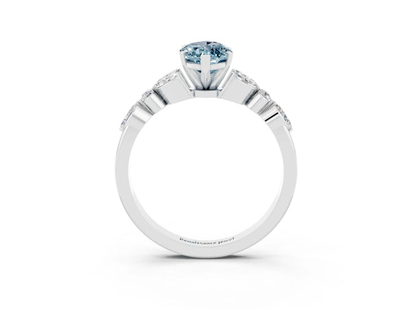 White gold Marquise Cut Aquamarine Solitaire Ring with Side Stones and Four-Prong Setting
