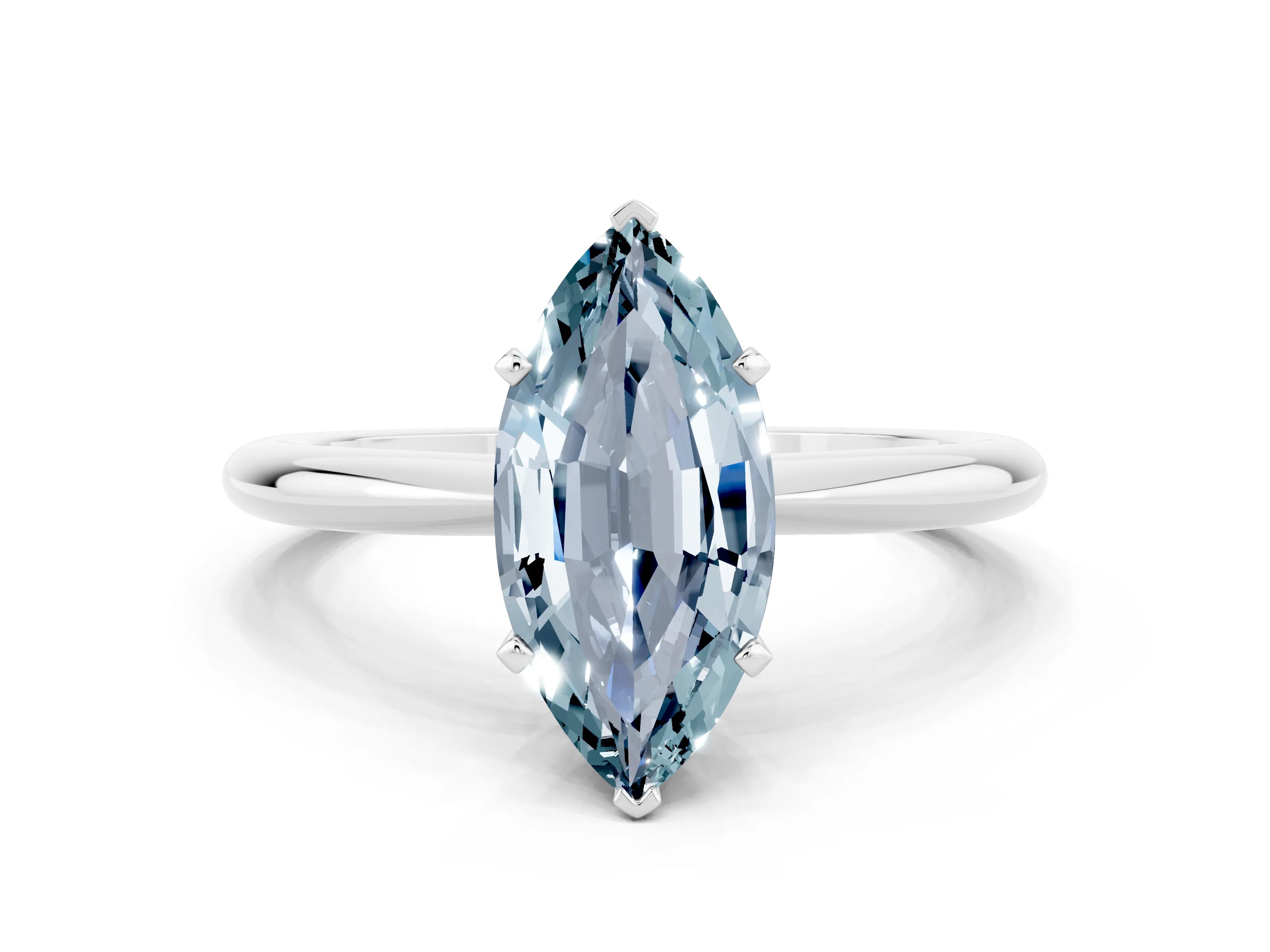 White gold Marquise Cut Aquamarine Solitaire Ring with Six-Prong Setting and Classic Band