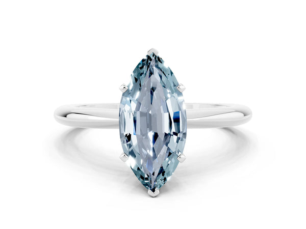Platinum Marquise Cut Aquamarine Solitaire Ring with Six-Prong Setting and Classic Band