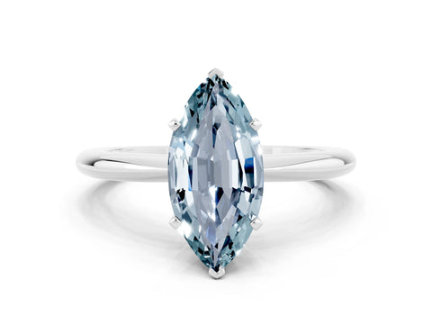 White gold Marquise Cut Aquamarine Solitaire Ring with Six-Prong Setting and Classic Band