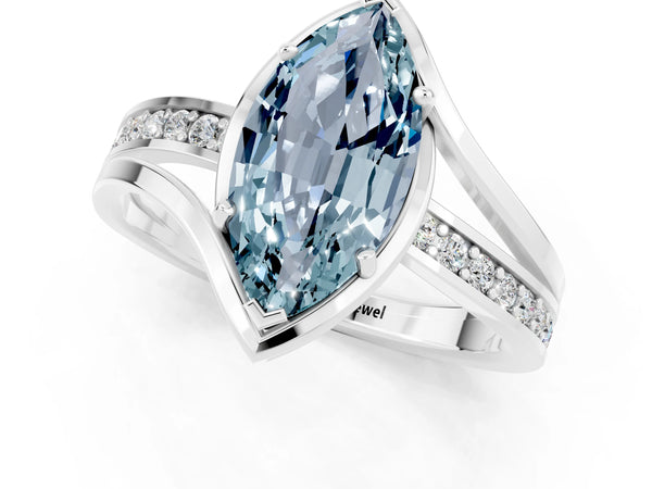 Platinum Marquise Cut Aquamarine Solitaire Ring with Split Shank and Prong Setting