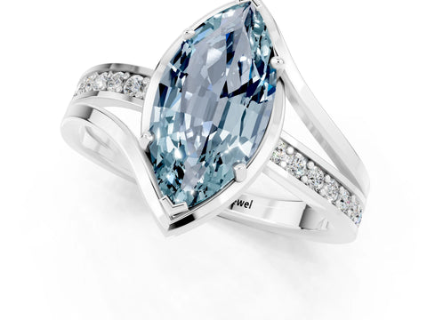 White gold Marquise Cut Aquamarine Solitaire Ring with Split Shank and Prong Setting_1