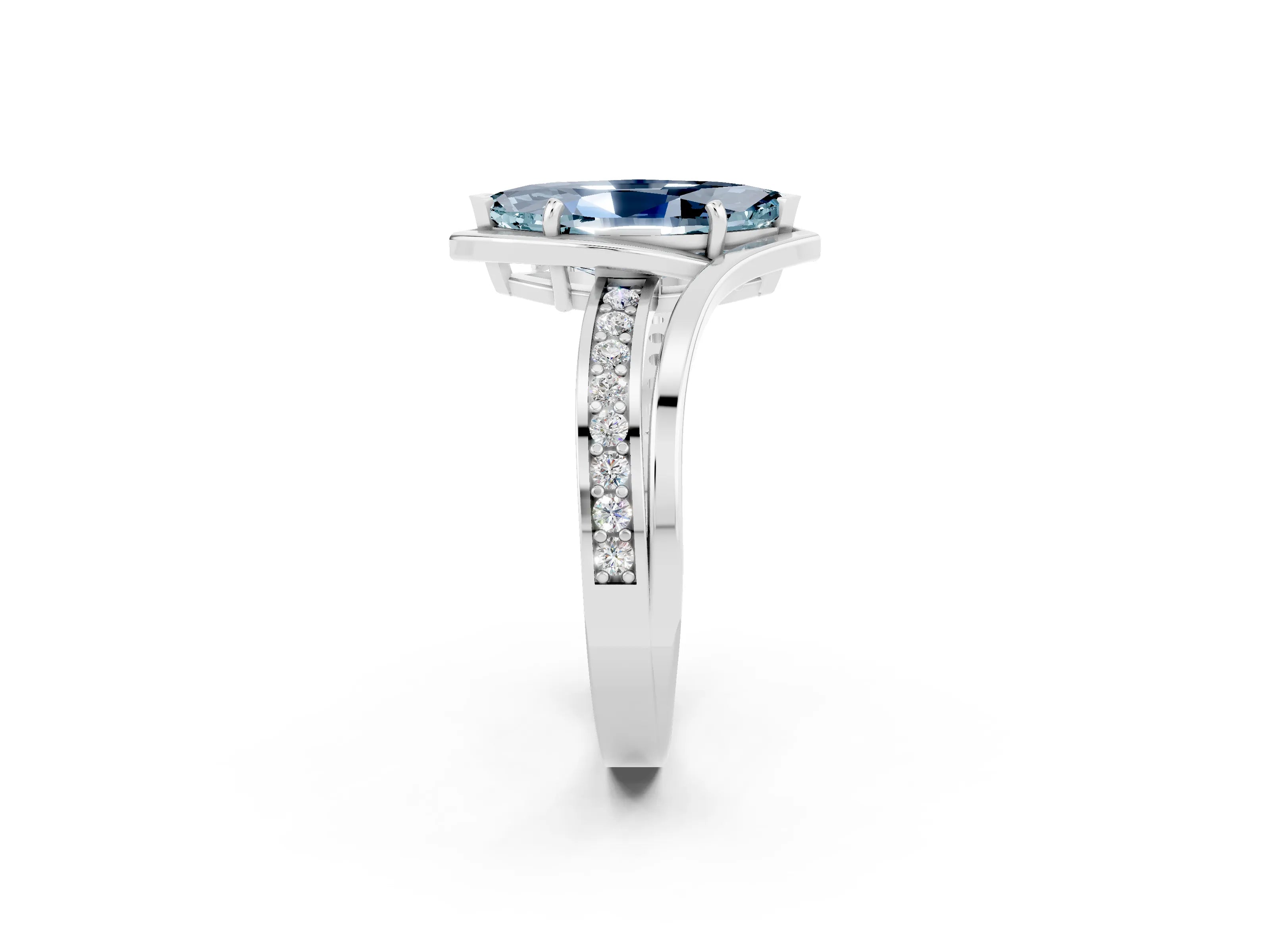 White gold Marquise Cut Aquamarine Solitaire Ring with Split Shank and Prong Setting_2