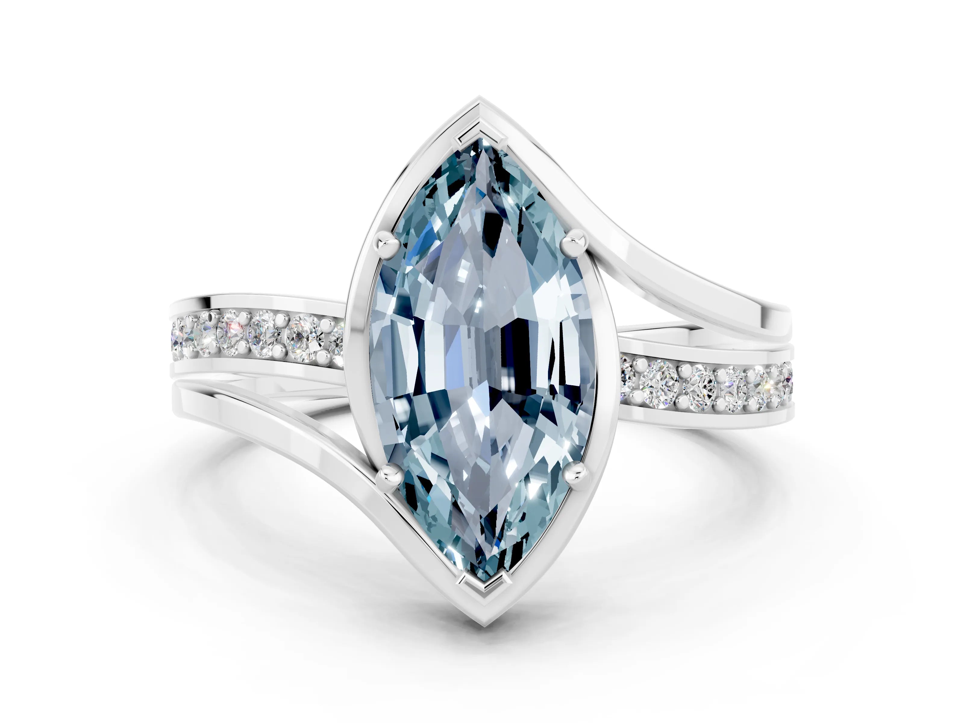 White gold Marquise Cut Aquamarine Solitaire Ring with Split Shank and Prong Setting