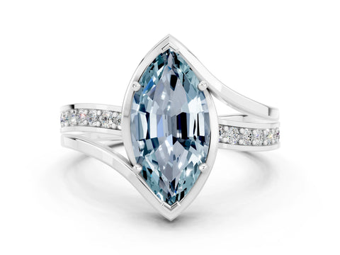 White gold Marquise Cut Aquamarine Solitaire Ring with Split Shank and Prong Setting
