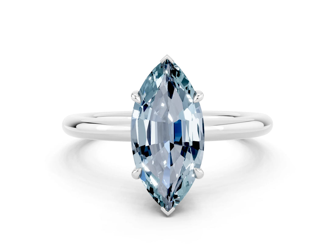 White gold Marquise Cut Aquamarine Solitaire Ring with Thin Band and Four-Prong Setting_12