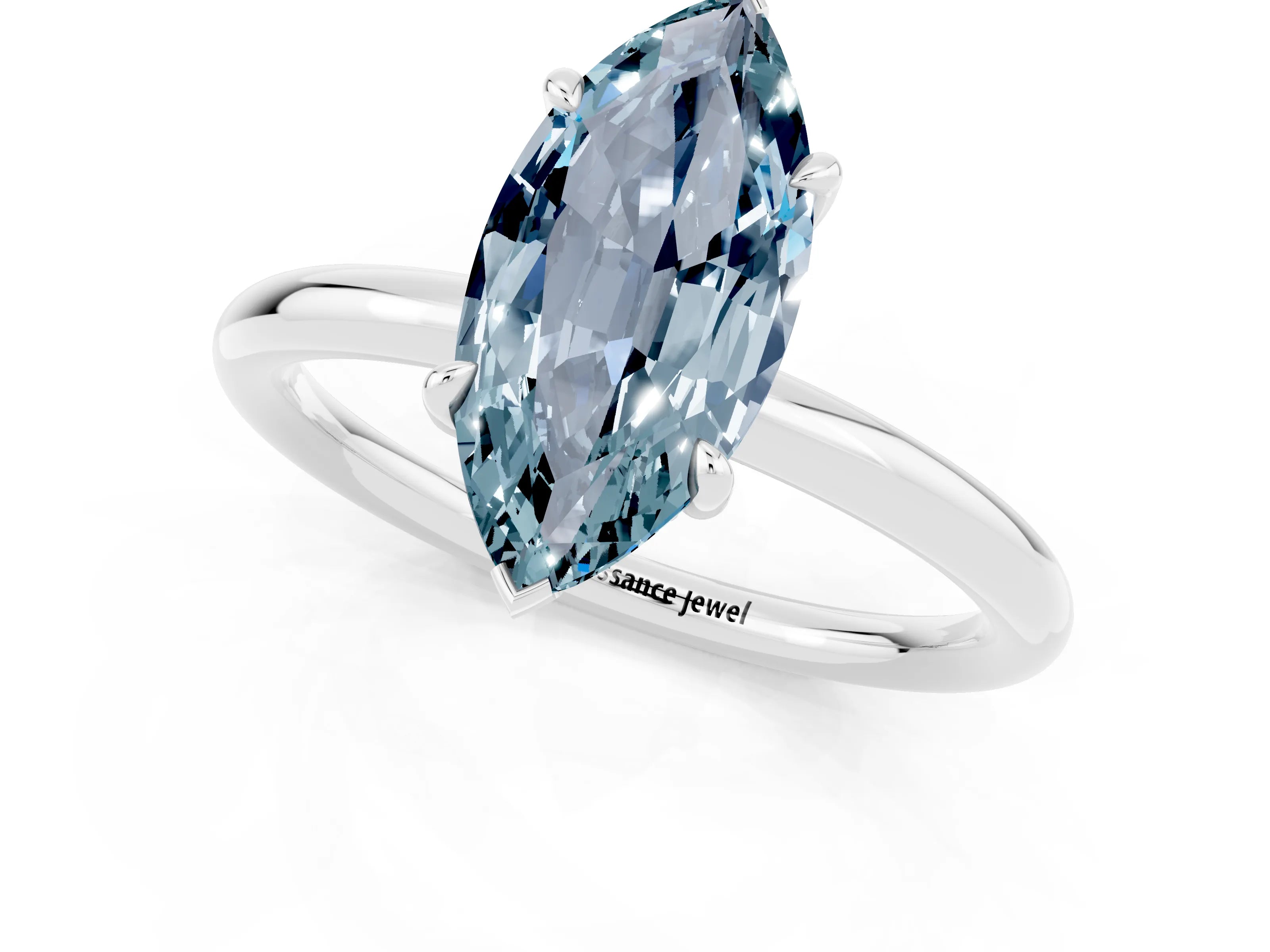 White gold Marquise Cut Aquamarine Solitaire Ring with Thin Band and Four-Prong Setting_13