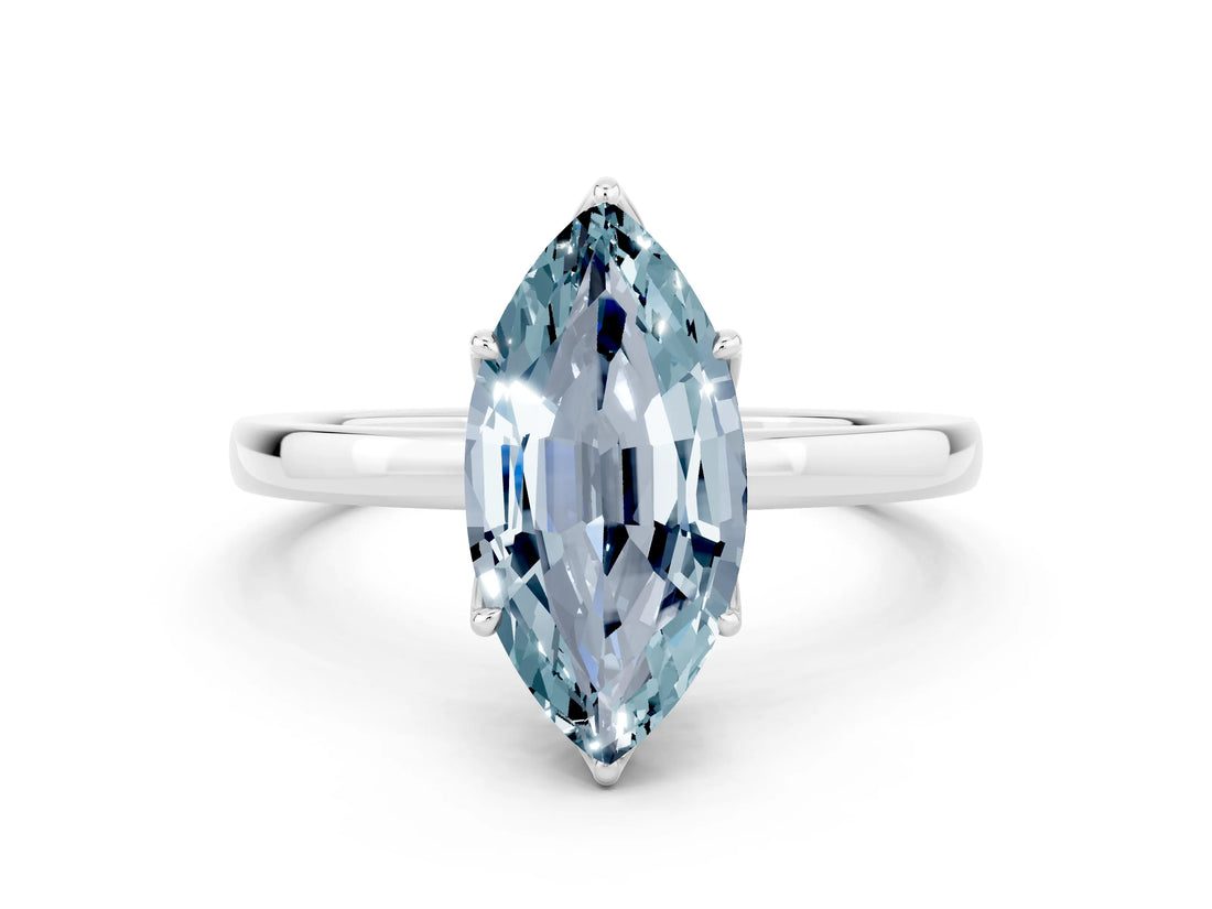 White gold Marquise Cut Aquamarine Solitaire Ring with Thin Band and Prong Setting_12