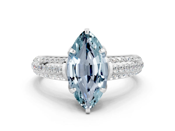 Platinum Marquise Cut Aquamarine Solitaire Ring with Three-Row Pavé Band and Four-Prong Setting