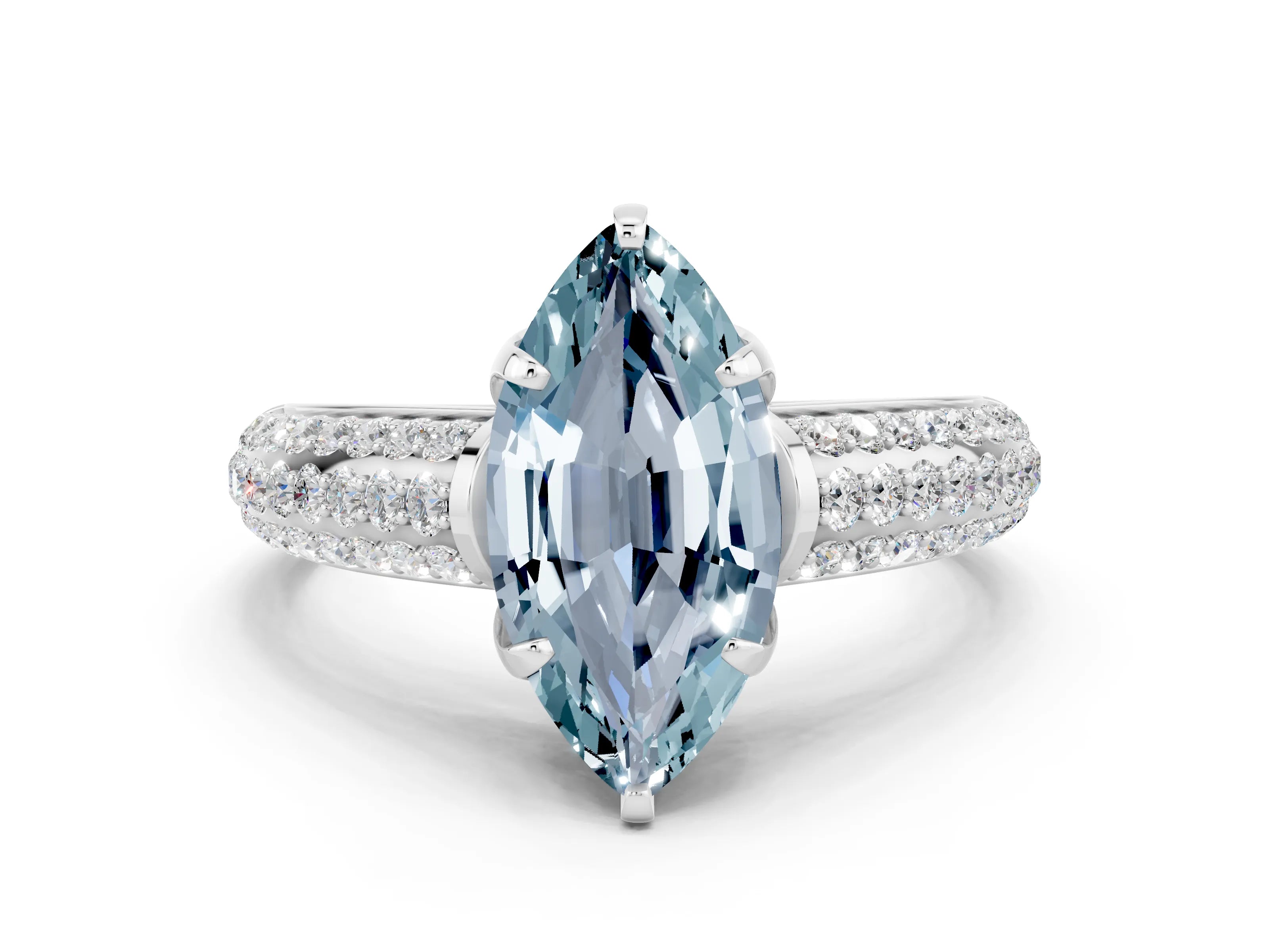 White gold Marquise Cut Aquamarine Solitaire Ring with Three-Row Pavé Band and Four-Prong Setting_12