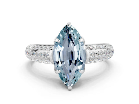 White gold Marquise Cut Aquamarine Solitaire Ring with Three-Row Pavé Band and Four-Prong Setting_12