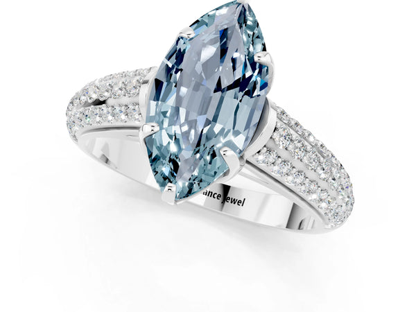 Silver Marquise Cut Aquamarine Solitaire Ring with Three-Row Pavé Band and Four-Prong Setting