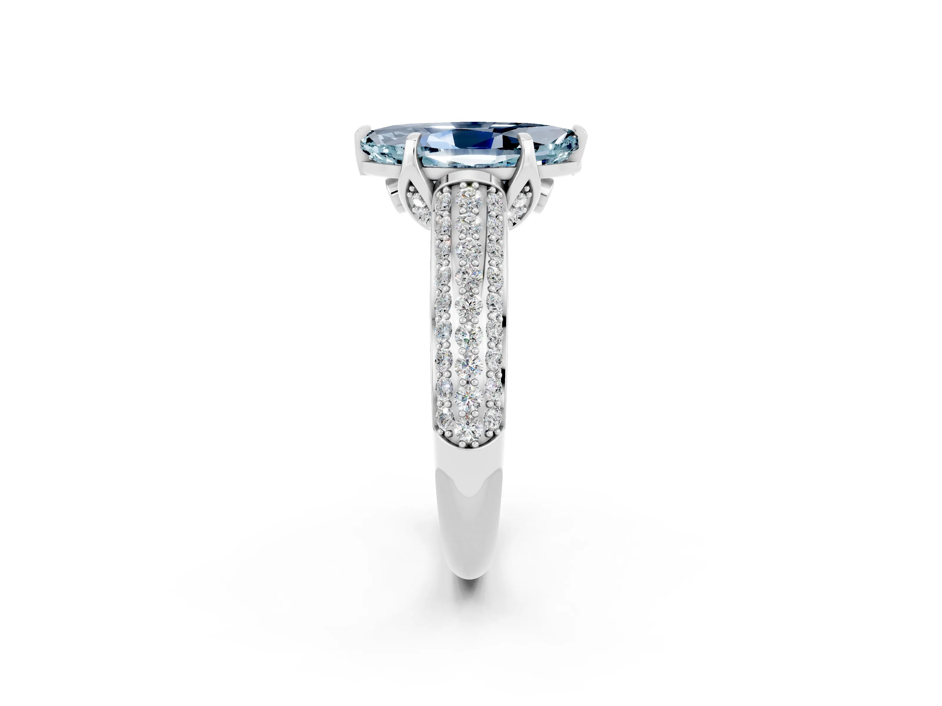 White gold Marquise Cut Aquamarine Solitaire Ring with Three-Row Pavé Band and Four-Prong Setting_14