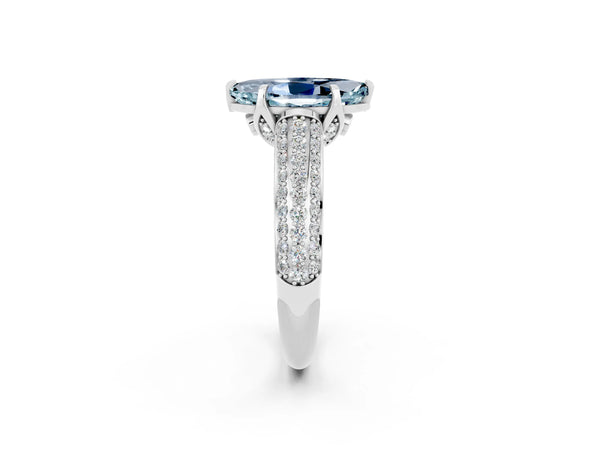 Platinum Marquise Cut Aquamarine Solitaire Ring with Three-Row Pavé Band and Four-Prong Setting