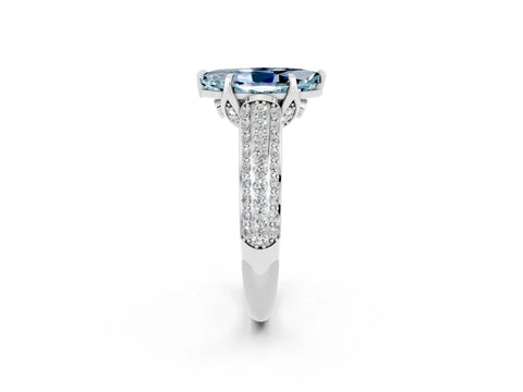 White gold Marquise Cut Aquamarine Solitaire Ring with Three-Row Pavé Band and Four-Prong Setting_14