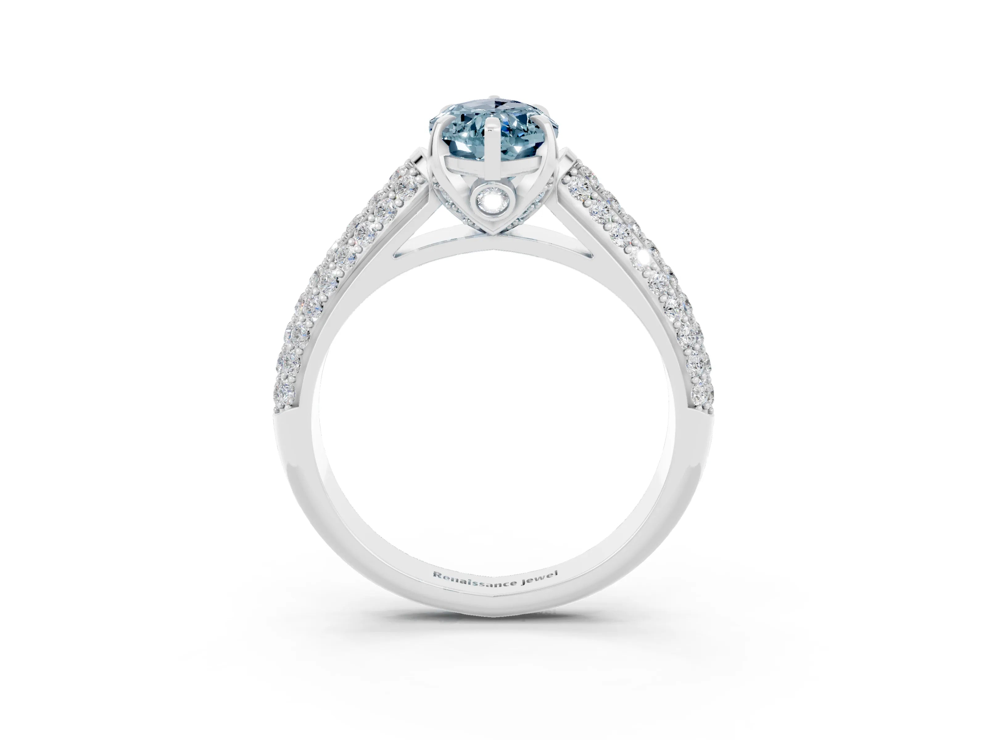 White gold Marquise Cut Aquamarine Solitaire Ring with Three-Row Pavé Band and Four-Prong Setting_15