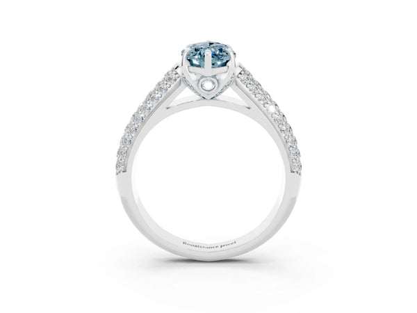 Silver Marquise Cut Aquamarine Solitaire Ring with Three-Row Pavé Band and Four-Prong Setting