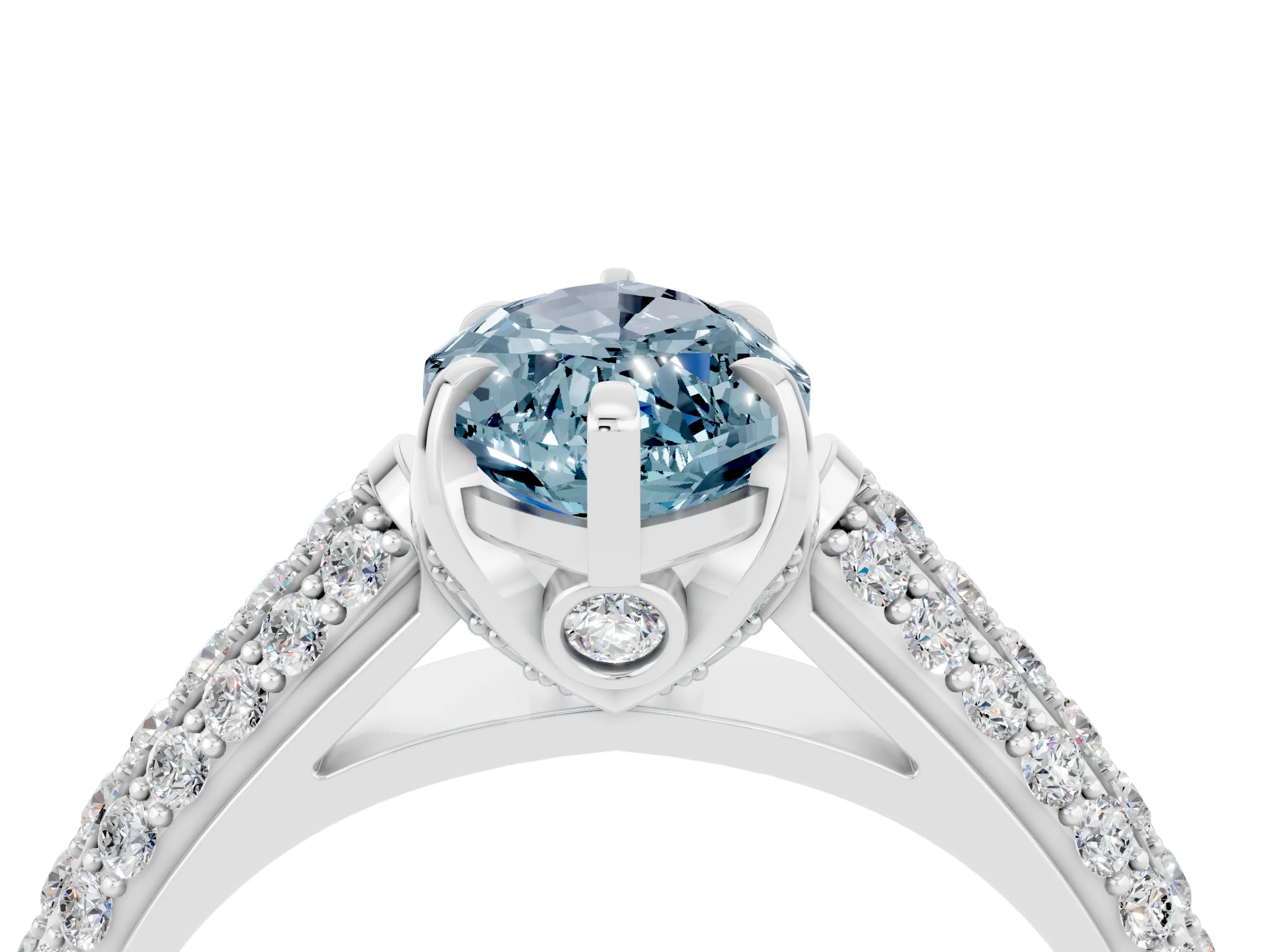 White gold Marquise Cut Aquamarine Solitaire Ring with Three-Row Pavé Band and Four-Prong Setting_16