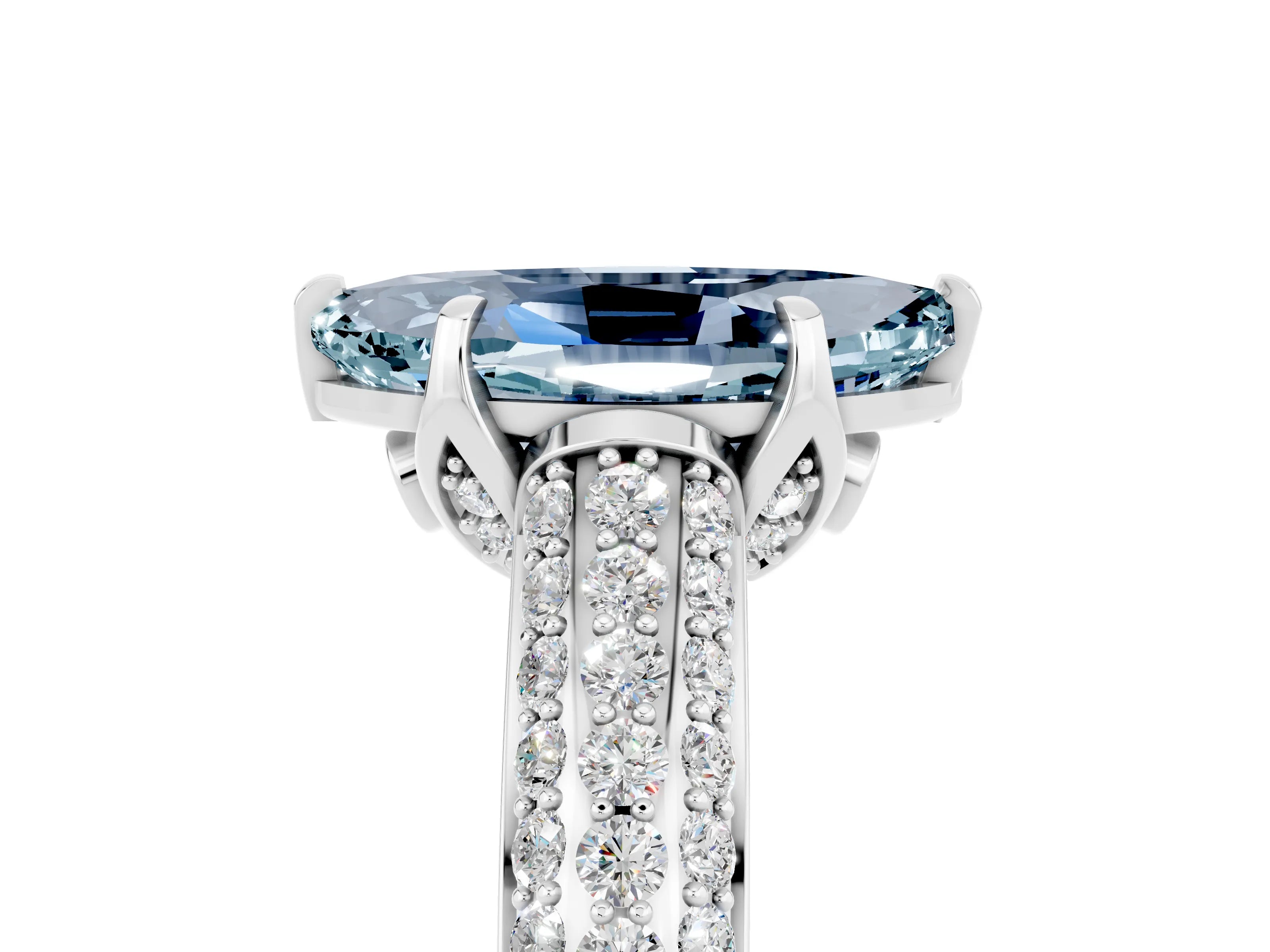 White gold Marquise Cut Aquamarine Solitaire Ring with Three-Row Pavé Band and Four-Prong Setting_17