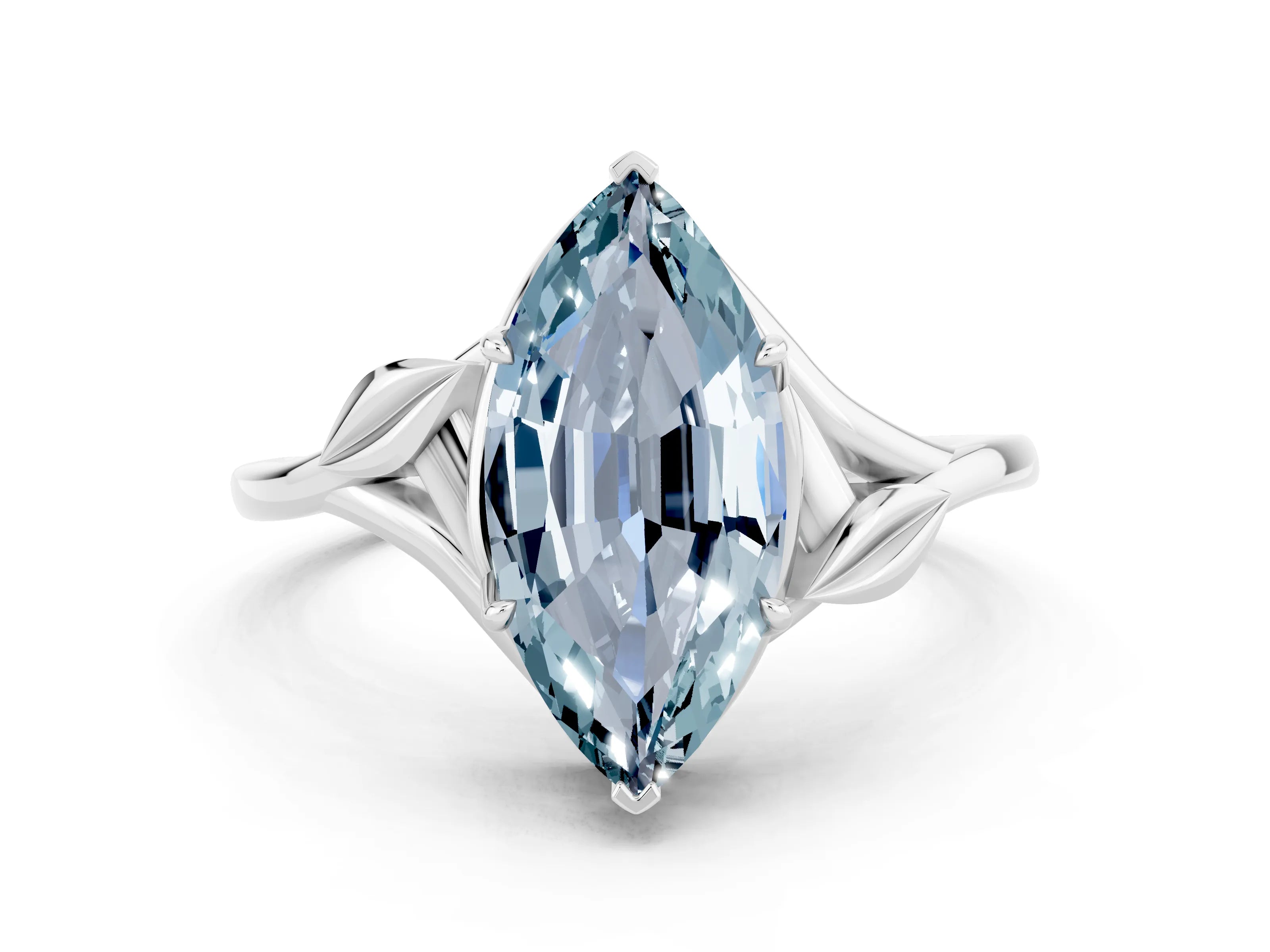White gold Marquise Cut Aquamarine Solitaire Ring with Twist Band and Four-Prong Setting_12